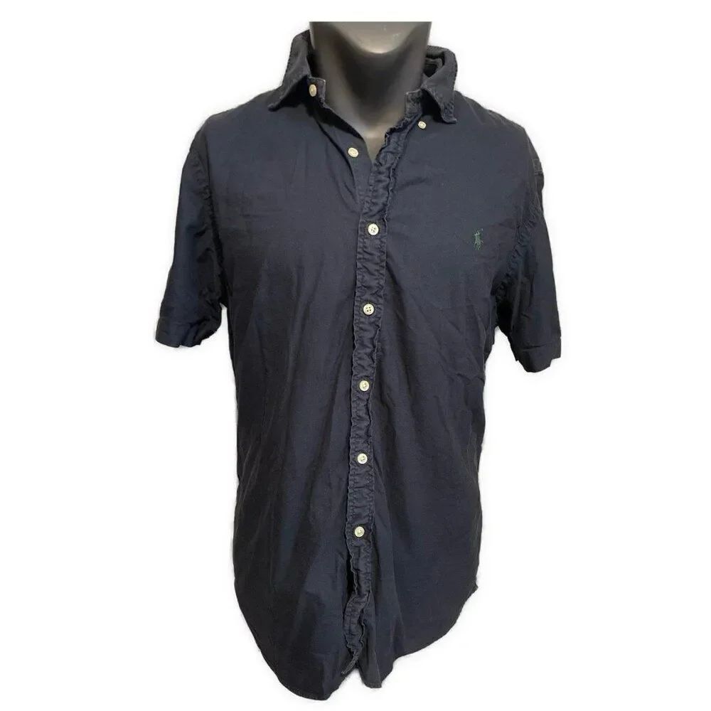 Ralph Lauren Menβs SolidβNavy Blue Button Down Cotton Short Sleeve Shirt Xl Slim